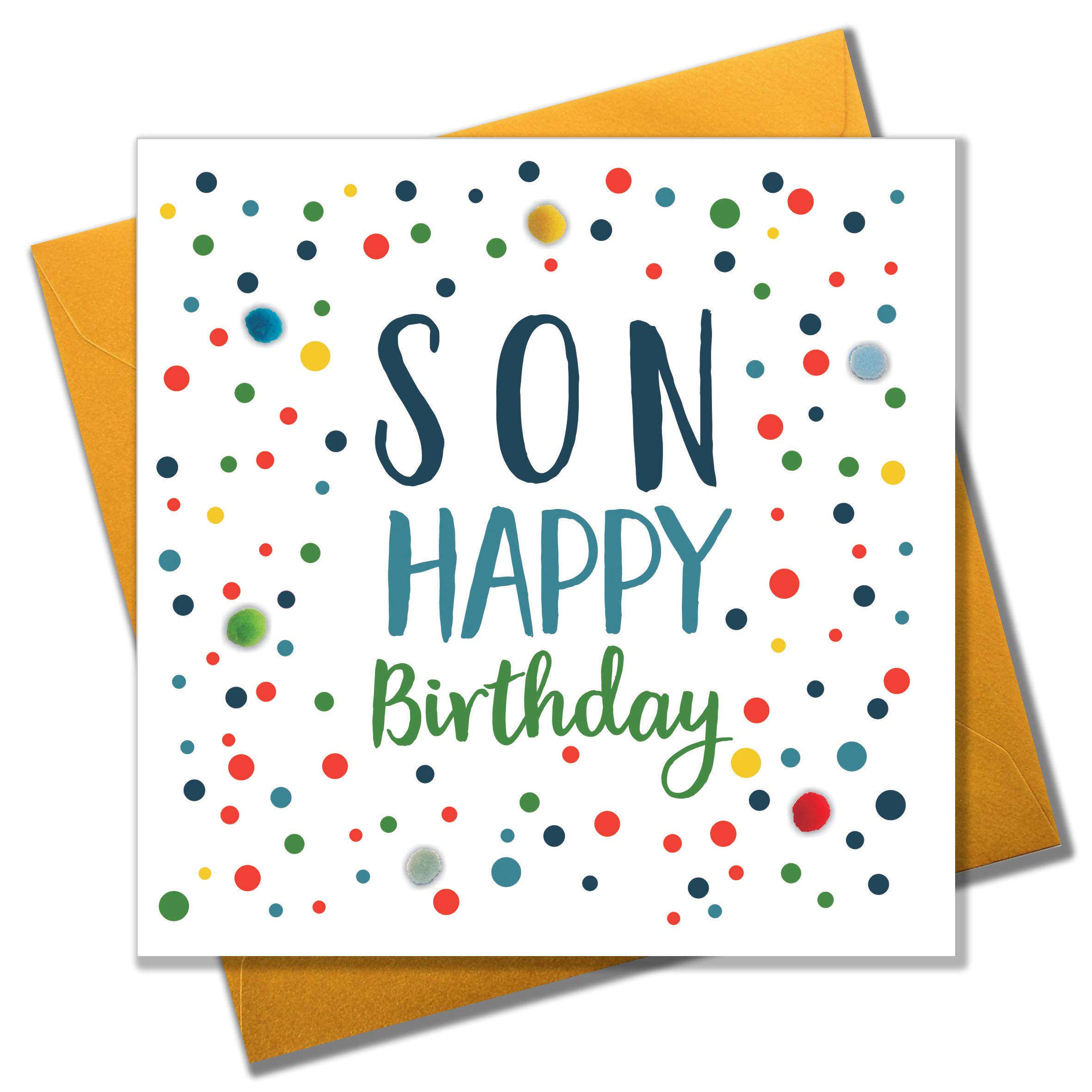 Claire Giles Greeting Cards, Happy Birthday Son Card, Dotty Design Birthday Greeting Card, Embellished with Colourful Pompoms