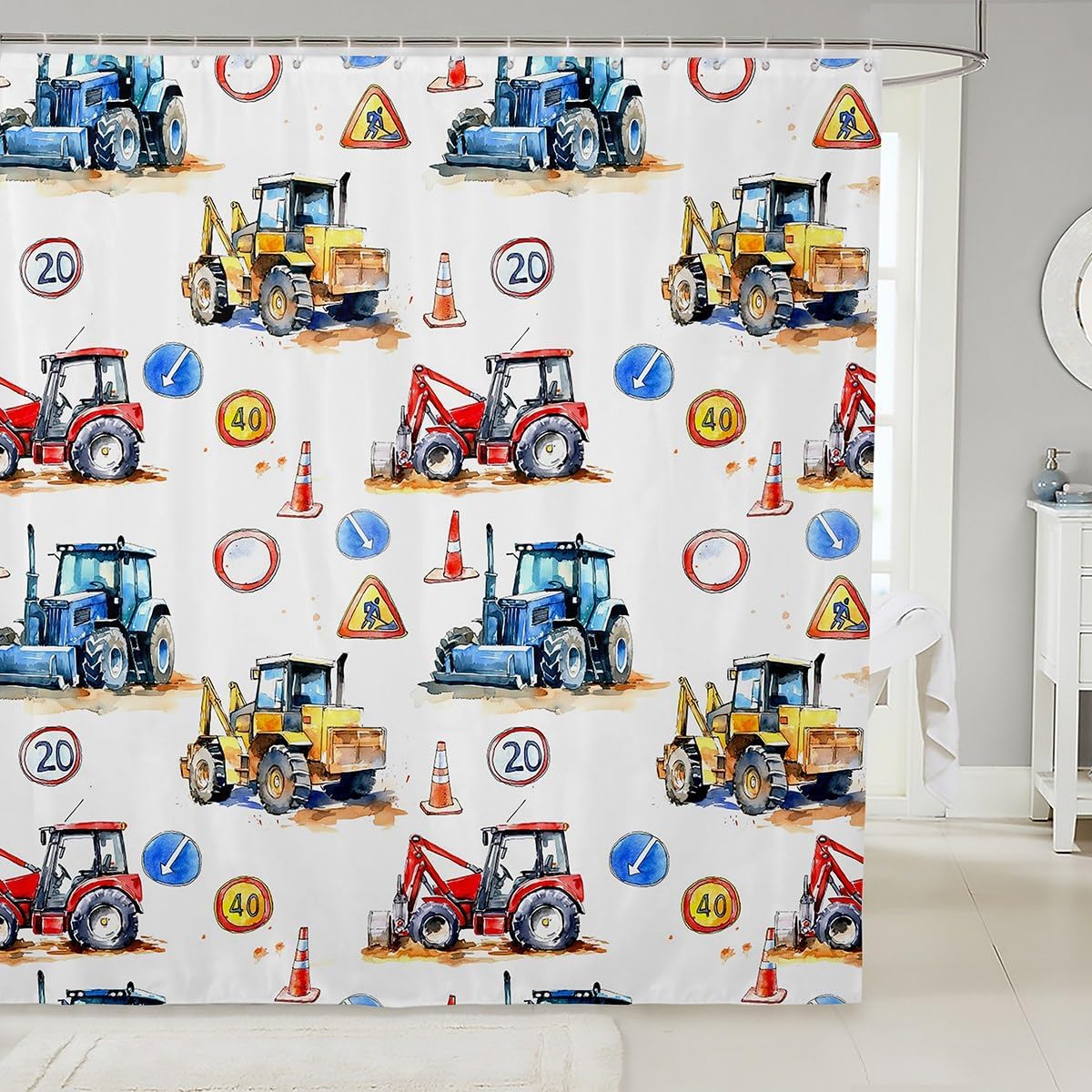 Erosebridal Boys Tractor Shower Curtains, Kids Construction Retro Excavator Waterproof Shower Curtain Equipment Truck Bath Curtain Heavy Vehicle Crane Bathtub Shower Curtain, 72" W X 78" L Blue