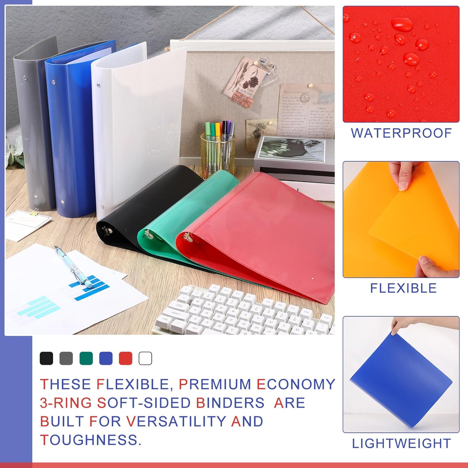 Fulmoon 6 Pack Plastic 3 Ring Binder Assorted Colors Economy Flexible Round Ring Presentation Binders with Pocket for Office School Meeting(2 Inch,Classic Colors)