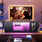 Bestier TV Se tenir debout pour 65 1 cm TV, Centre de divertissement avec étagères de rangement ouvertes pour PS5, noir TV Cabinet avec plateau en verre réglable pour salon & Chambre à coucher (fibre de carbone)