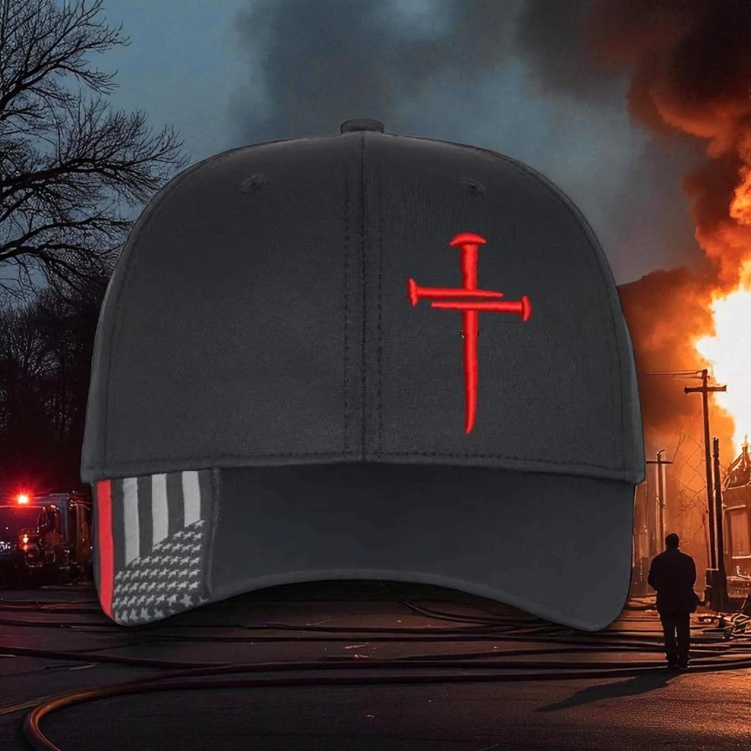 Christian Cross Baseball Cap, Religious Sacred Nails Design,Red Line Firefighter Flag with RED Cross Jesus Adjustable Hat with Free 4" Cross Window Decal