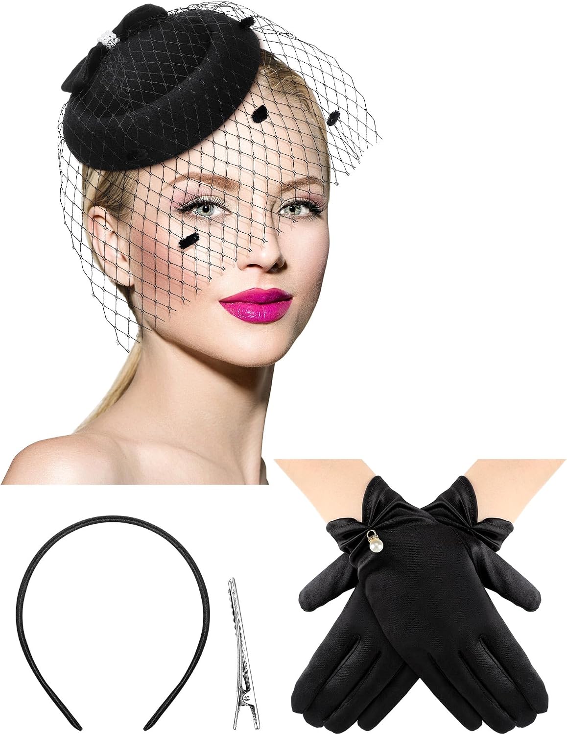 Geyoga 50s Fascinator Hat for Women Funeral Veil Hat Pillbox Cocktail Tea Party Headpiece and Lace Glove