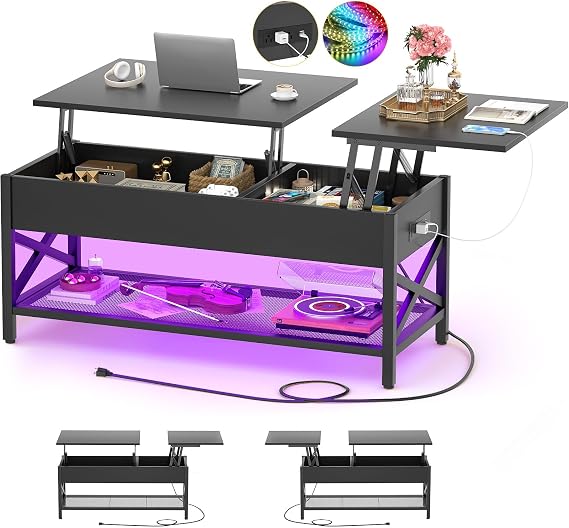 Aheaplus Black Lift-Top Coffee Table with LED Light, Power Outlets and Storage Shelf, 41.7W x 19.69L x 19.7H