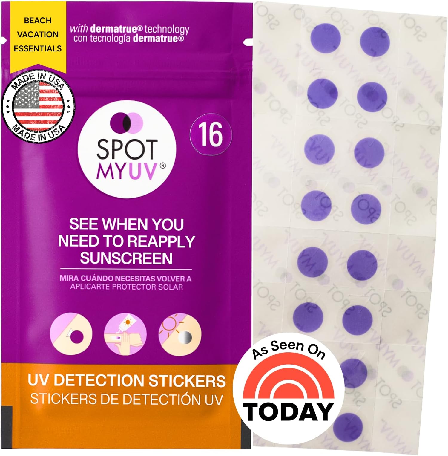 SPOTMYUV 16-Pack UV Stickers for Sunscreen with Patented Dermatrue SPF Sensing Technology