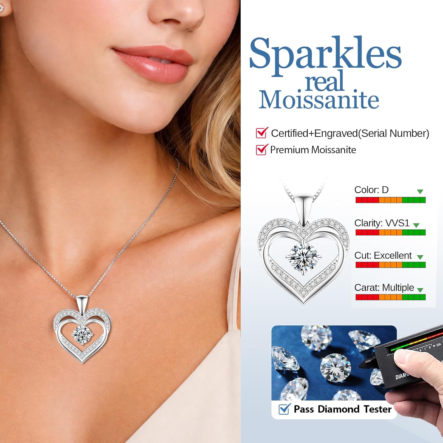 Moissanite Necklace for Women, 1–3 Carat Double Heart Pendant in 925 Sterling Silver, Romantic Love Necklace Gift for Wife or Mom, Anniversary Birthday Mother’s Day Jewelry - Image 4