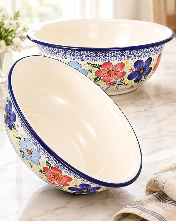 Baluue Set of 2 Enamel Bowls, 11.8 Inch Vintage Floral Enamelware Bowls by Baluue - Used condition - Image 8
