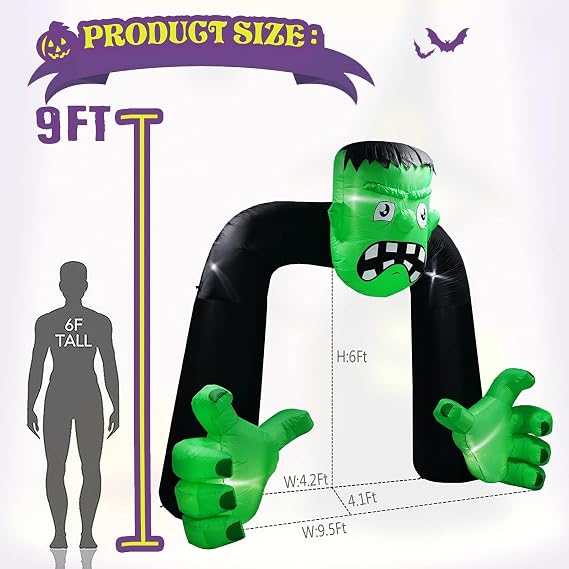 9Ft Halloween Inflatables Frank Green Welcome Arch Lighted Blow up Halloween Archway Decor for Carnival Party Outdoor Yard Lawn Decorations
