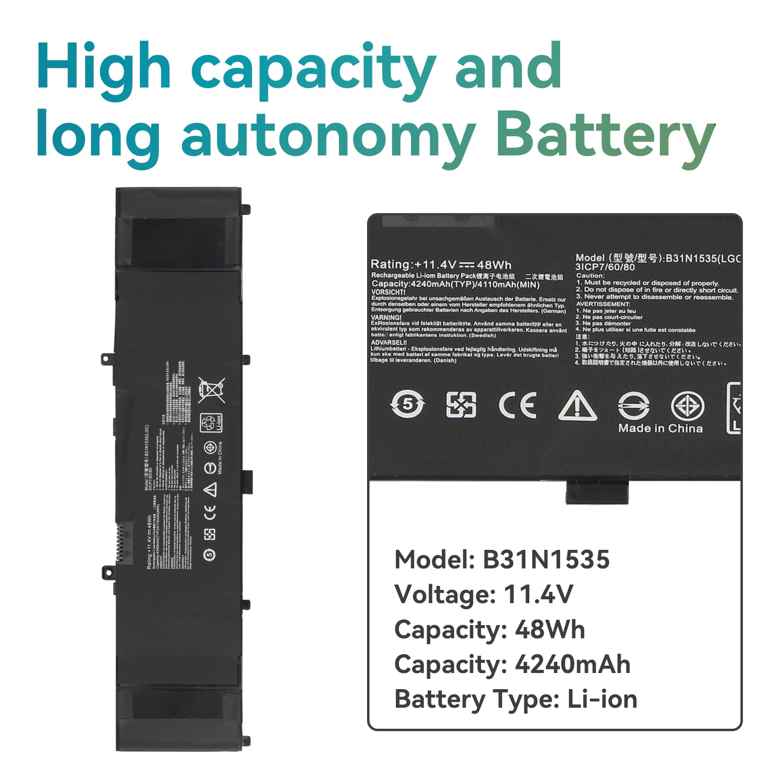 Batteria Ricambio B31N1535 Per ASUS Zenbook UX310U, UX410U, UX3410U Series, 4110mAh/48Wh, Garanzia 12 Mesi - Foto 9