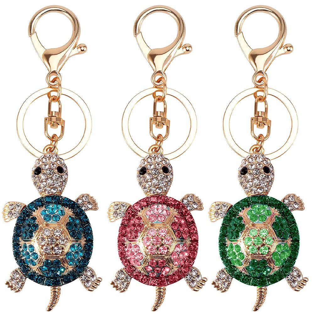 – 3 Pieces 3 Color Turtle Rhinestone Key Ring, Bag Charm, Glitter Keychain, for Women Girls Charms Sparkling Keychains Keys Ring with Rhinestone Pendant for Handbag Purse