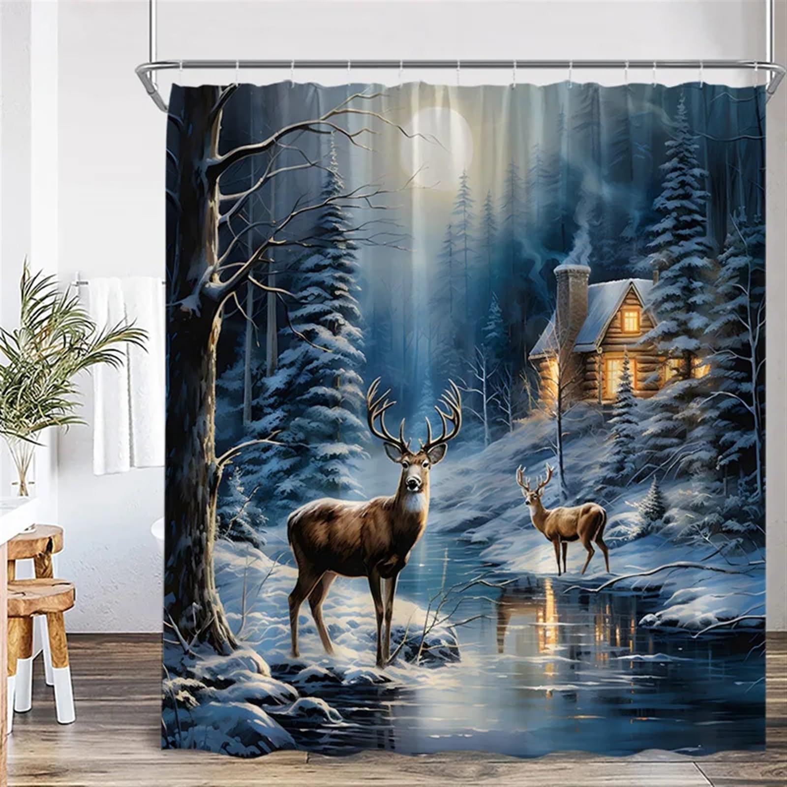Xuxinycs 1629Ak Winter Forest Elk Shower Curtains Snow Lake Farmhouse Wild Animals Cedar Nature Scenery Fabric Bathroom Curtain Decor With Hooks