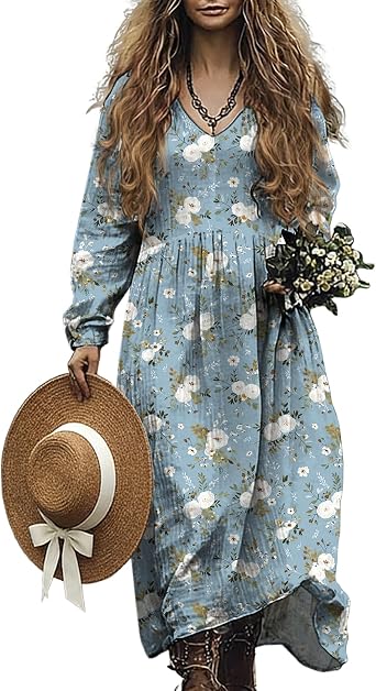 Boho Floral Maxi Dress for Women Long Sleeve V-Neck Loose Fit Comfortable Bohemian Sundress Flower Print Lightweight Breathable Cotton-Blend Summer Beach Vacation Dresses,2XL Blue White