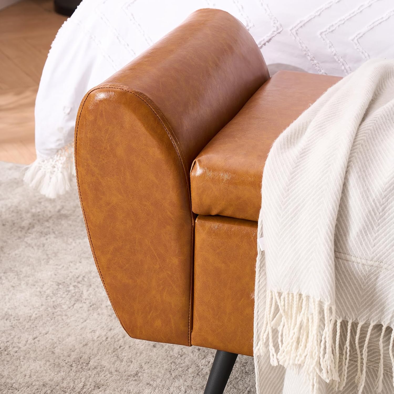 Storage Bench for Bedroom, 55" Extra Long Bench for King Size Bed, Modern Upholstered End of Bed Ottoman Bench with Arms for Entryway Living Room (Vegan Leather, Camel Brown)