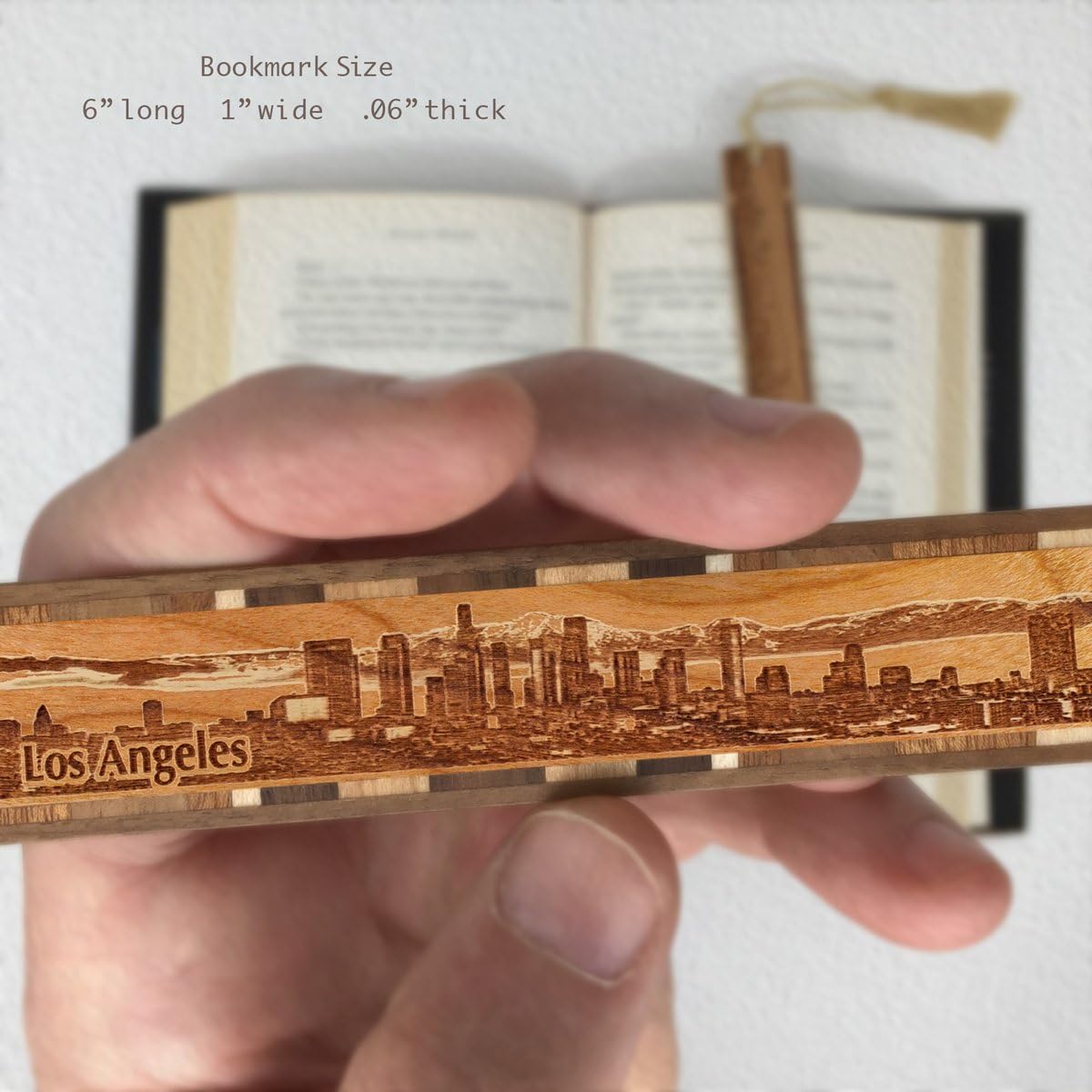 Personalized Los Angeles California City Skyline Engraved Wooden Bookmark with Tassel - Made in USA - Also Available Without Personalization