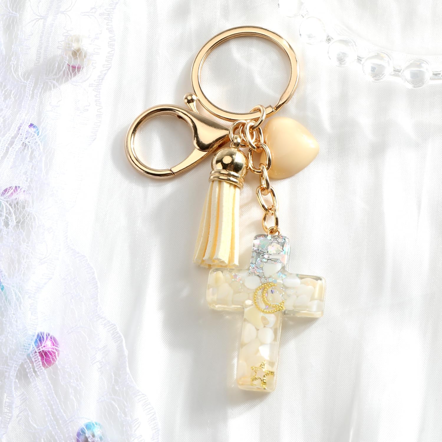 Cross Keychain,Bling Keychain with Heart & Tassel,Cross Bag Charm for Purse Handbag,Christian Gift for Women Birthday - Image 3