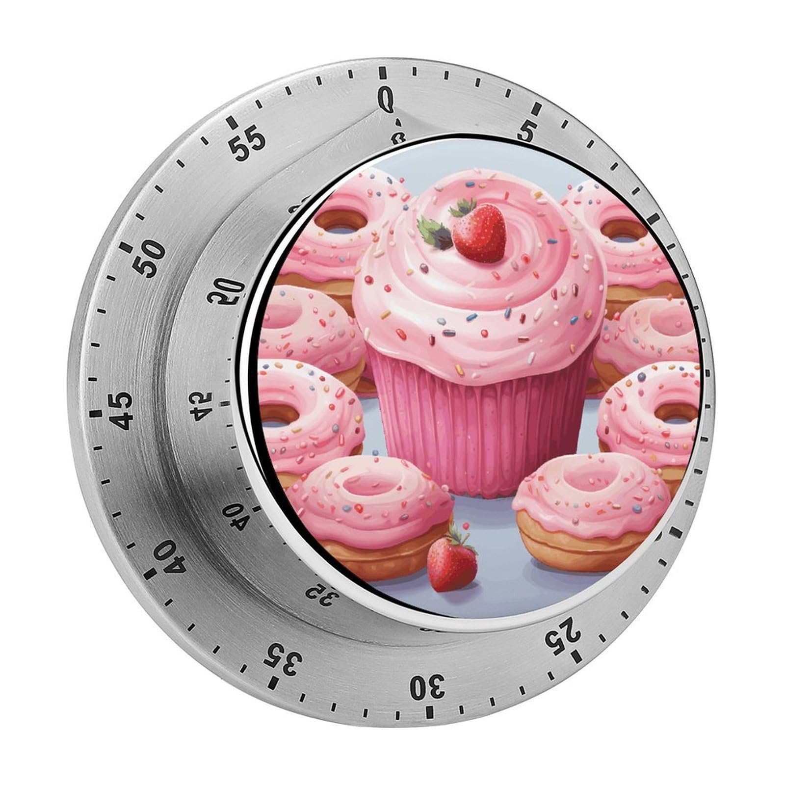Pink Donut and Cupcake Timers Adsorbable Stainless Steel Kitchen Timer Loud 60 Minute Visual Timer Portable Manual Countdown Timers Alarm Clock Time Management Tool for Home Work