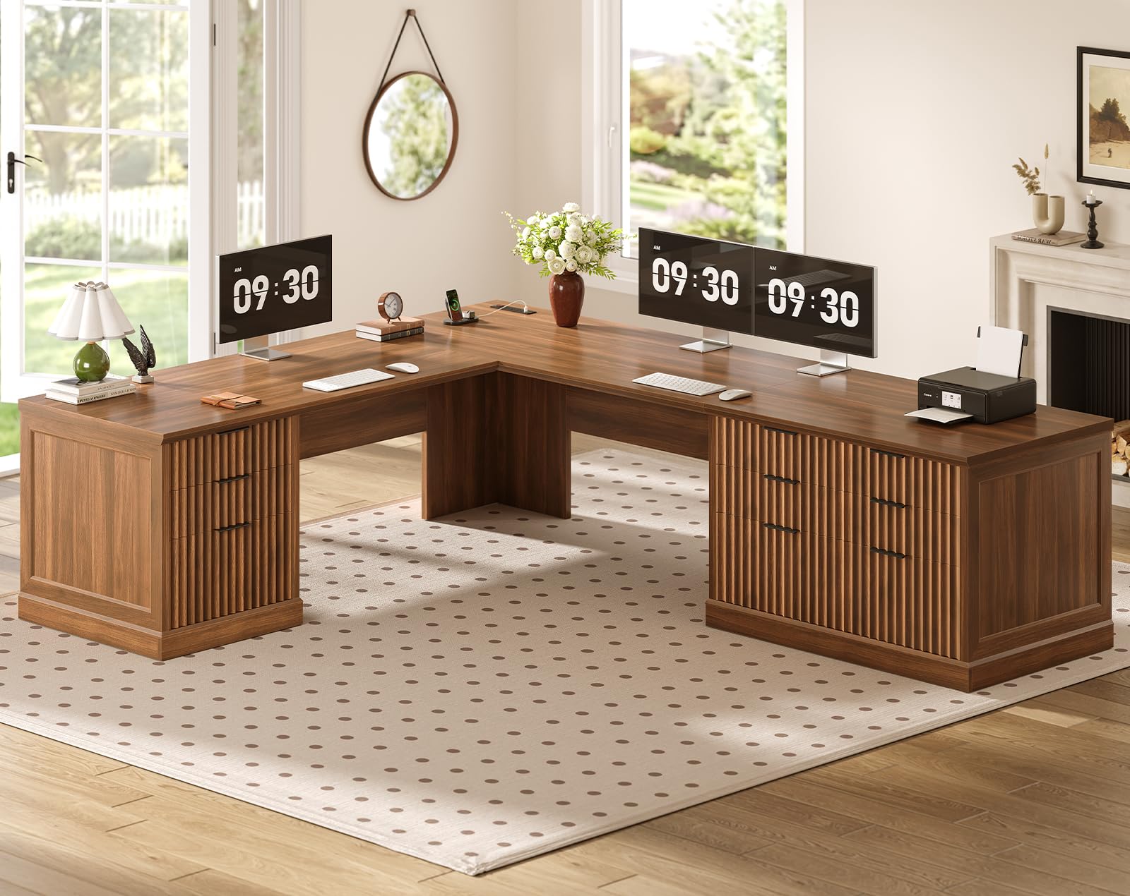 SEDETA Fluted 78.8" L Shaped Executive Desk with 6 Drawers, Brown