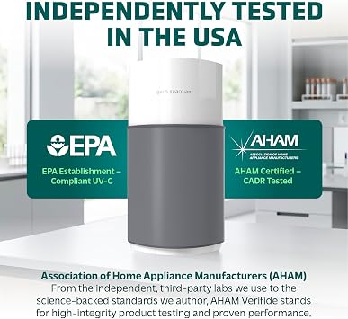 GermGuardian AirSafe+ XL Smart Air Purifier for Bedroom and Home - WiFi and App Enabled - 360-Degree True HEPA Filter - Filters Pet Dander, Dust, Smoke - Air Quality Monitor - AP3250 - Gray & White