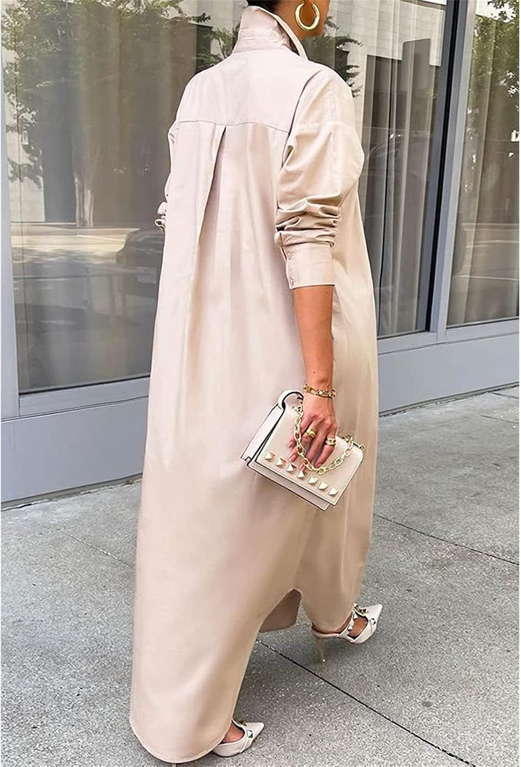 DGHM-JLMY Ladies Solid Loose Casual Long Shirt Button Down Shirt Maxi Dresses Fashion Button Open Front Long Shirt Dress
