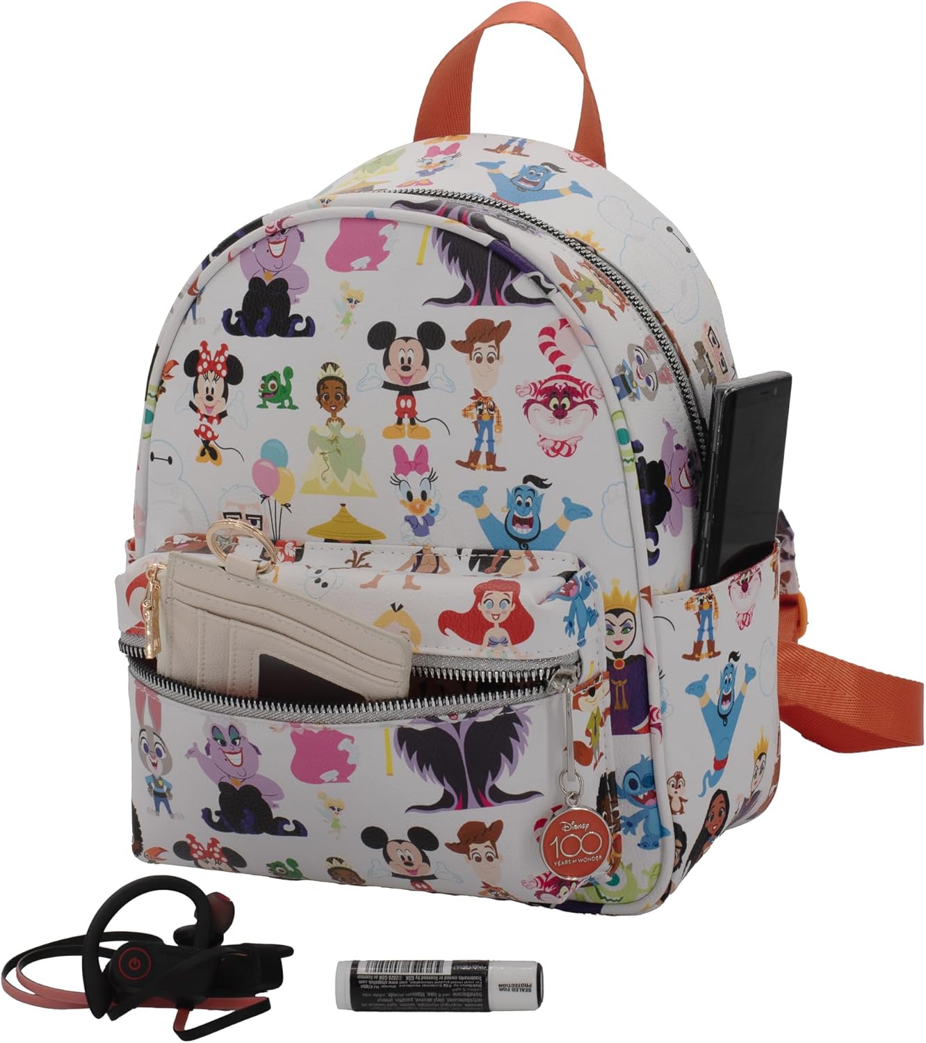 Disney 100 Mini Backpack Purse with Multi Character Allover Print & Molded Metal Logo Charm, 10.5 Inch, Adjustable Straps, Faux Leather