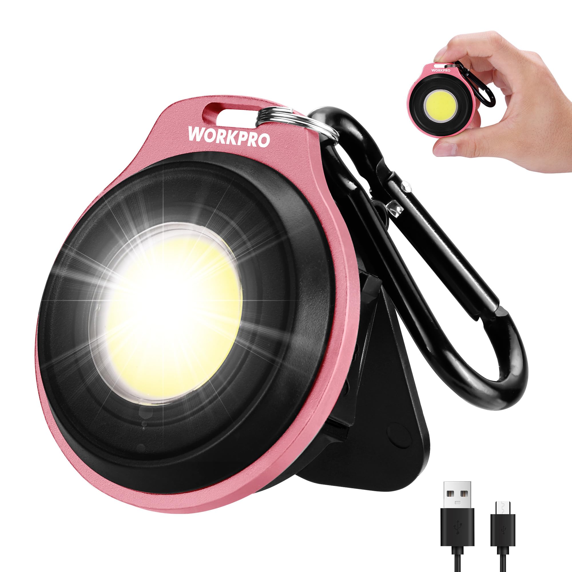 WORKPRO COB Keychain Work Light, Rechargeable Magnetic Keychain Flashlight, Mini Pocket Carabiner Flashlight with Hat Clip, 3 Light Modes Emergency