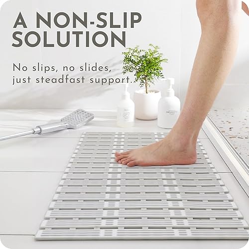 Miniatura 5 de Tapete de ducha antideslizante, color blanco y gris, de 35 x 16 pulgadas, tapete de baño antideslizante para baño, bandeja de ducha y azulejos de