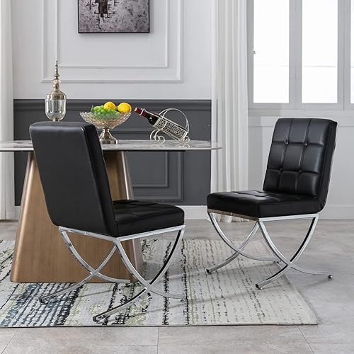Miniatura 7 de LukeAlon Juego de 2 sillas de comedor de piel sintética, tapizadas con botones y patas de metal, modernas sillas de comedor sin brazos, cómodas