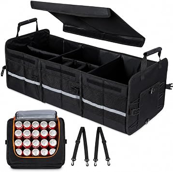 XXL Car Boot Organiser with Insulated Cooler Extra Large Foldable Storage Box with Lid Heavy Duty Waterproof Trunk Organiser with Adjustable Dividers for SUV, Van, Home