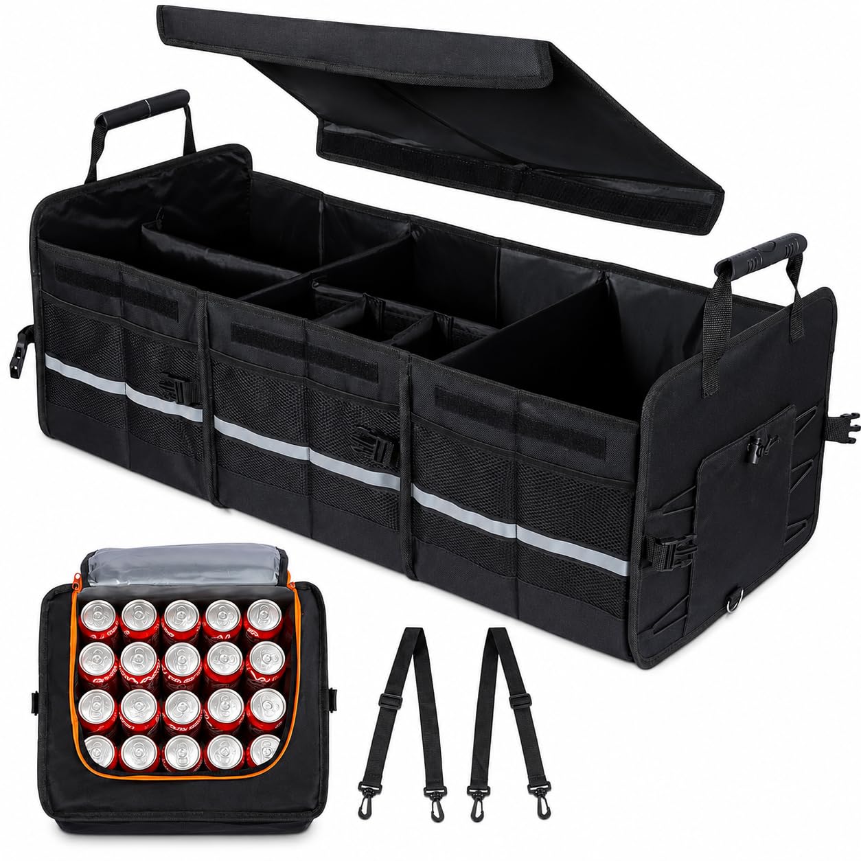 Greenwhim Black Xxl Car Boot Organiser With Insulated Cooler Extra Large Foldable Storage Box With Lid Heavy Duty Waterproof Trunk Organiser With Adjustable Dividers For Suv, Van, Home