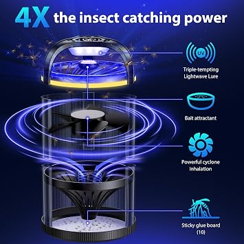 Fly Trap Indoor, 3 in 1 Fruit Fly Traps for Indoors Gnat Traps for House Indoor, Smart Flying Insect Trap Bugs Light Mosquito Catcher with 10 Refills, Ideal for Kitchen, Graden, RV, Office - Black
