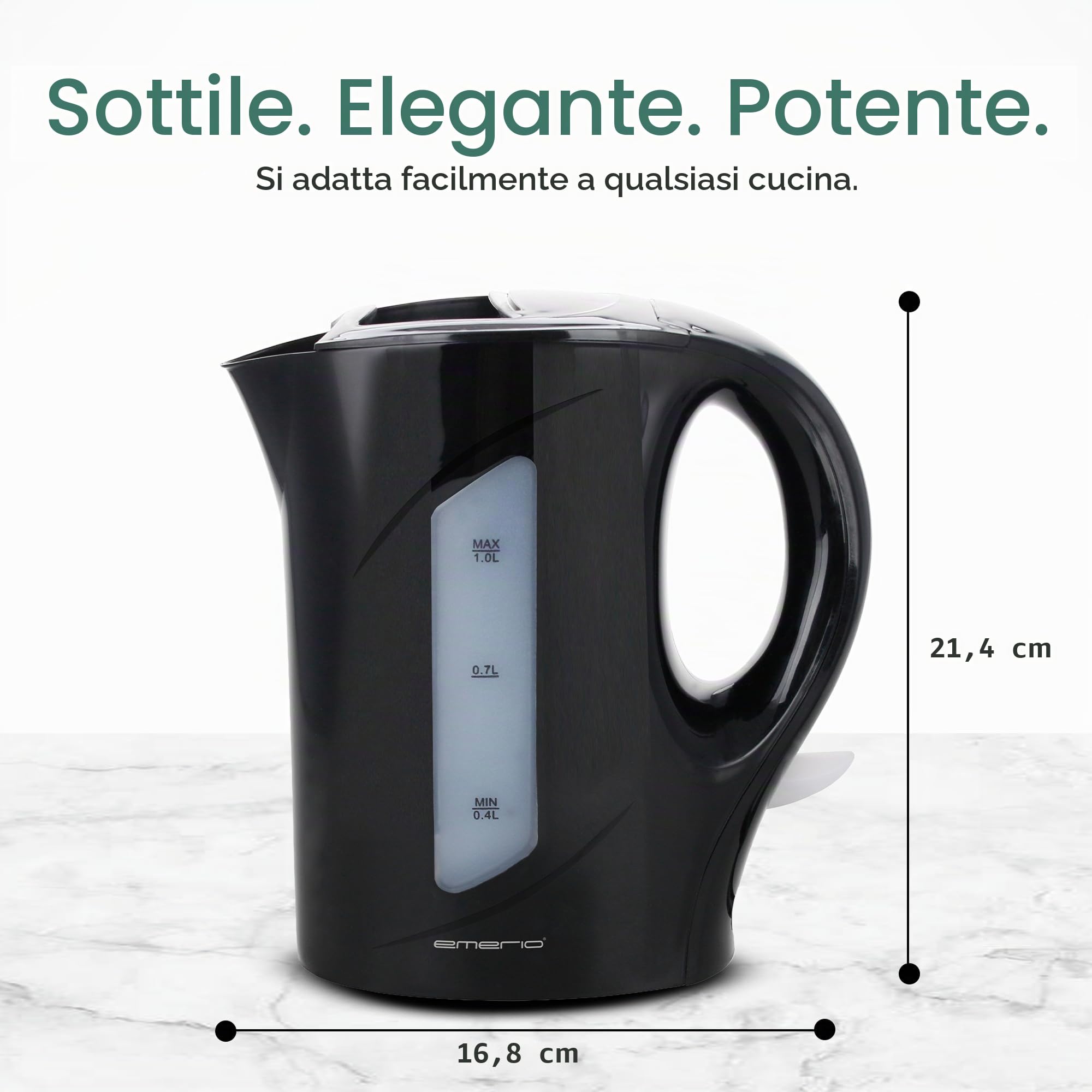 Emerio WK-121616.1 - Bollitore elettrico, 1,0 litri, 900 Watt, indicatore del livello dell'acqua, senza BPA, protezione antigoccia, interruttore on/off illuminato, ideale per casa, campeggio o