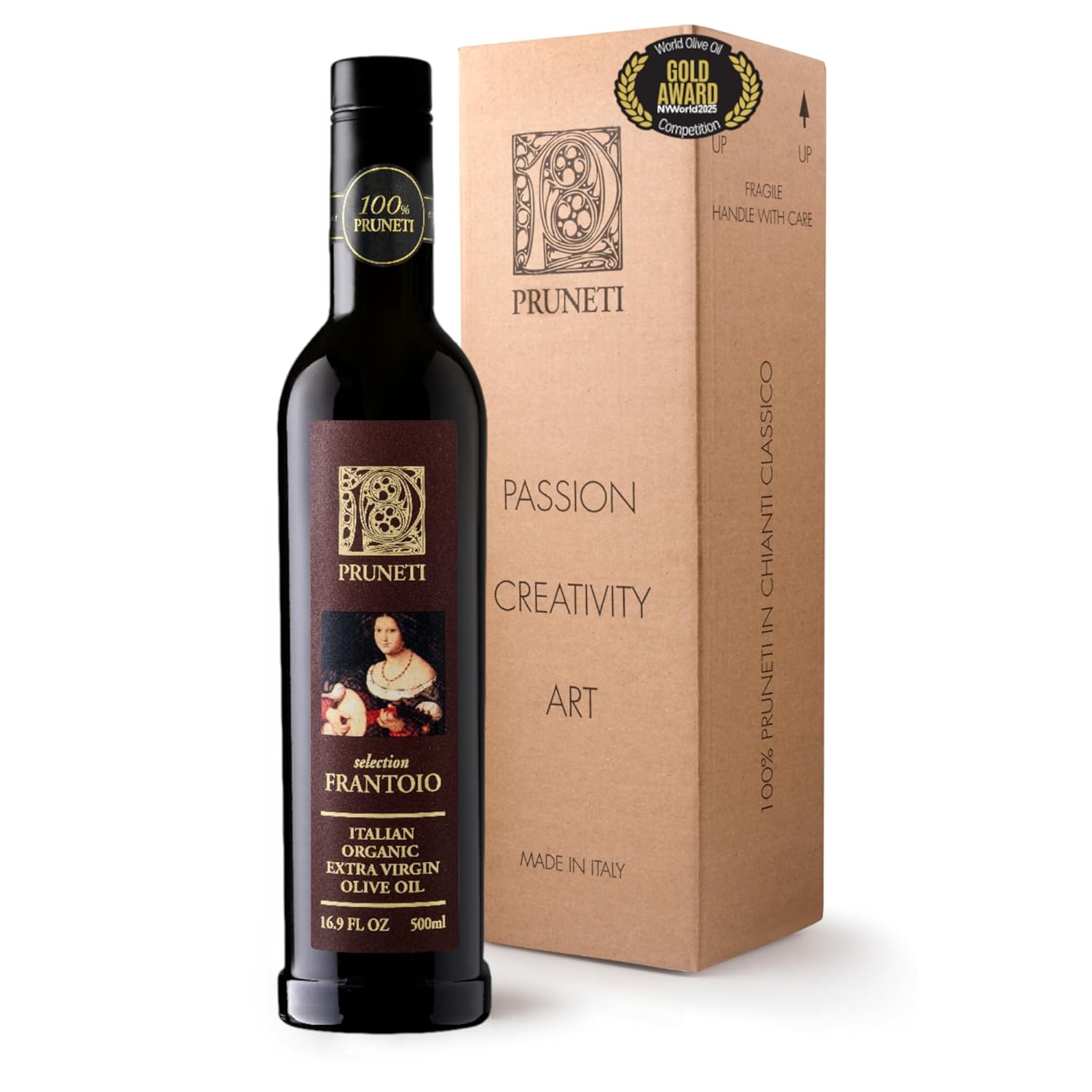 Pruneti Frantoio Organic Extra Virgin Olive Oil – Italian Olive Oil from Tuscany, Italy, 2025 Gold Award Winner – 500+ mg/kg High Polyphenols evoo – Cold pressed for Phenolic Shots & Finishing Use