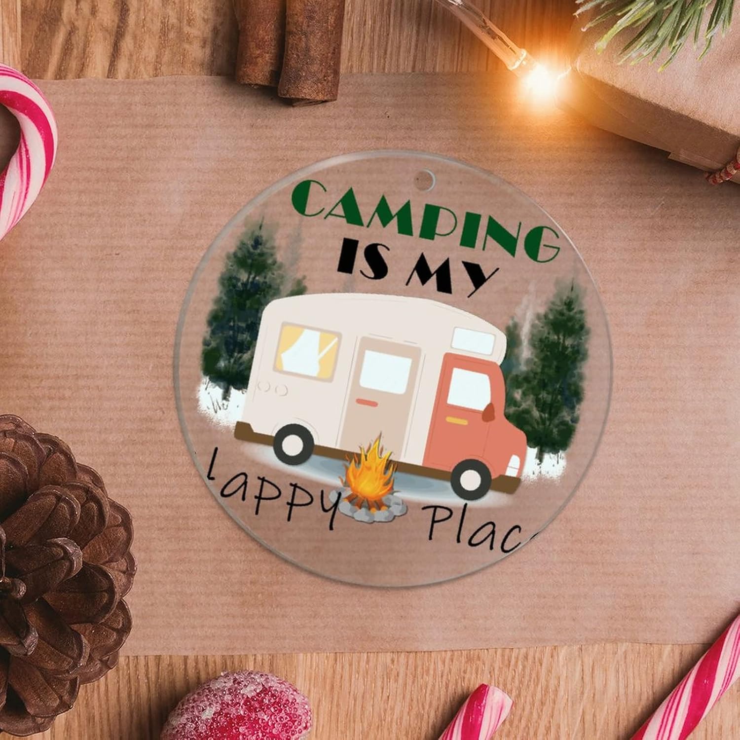 Clear Ornament Camper Decor Collectible Present Gift Xmas Tree Decoration Camping is My Happy Place Personalized Christmas Ornament Xmas Gift