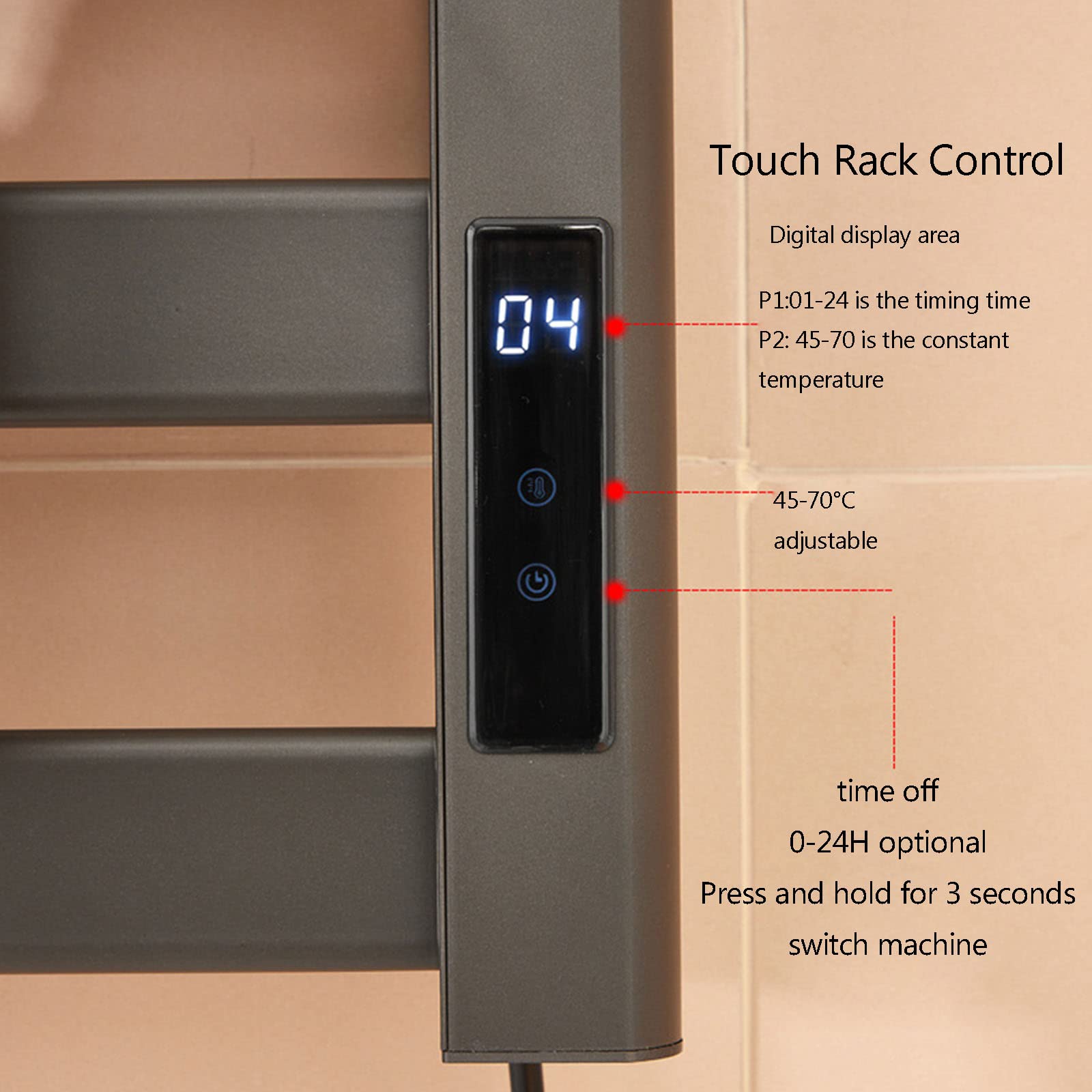 Inteligentny elektryczny suszarka do ręczników z timerem, 130 W, regulacja temperatury, wymiary: 530 mm x 590 mm x 90 mm, gotowa do użycia