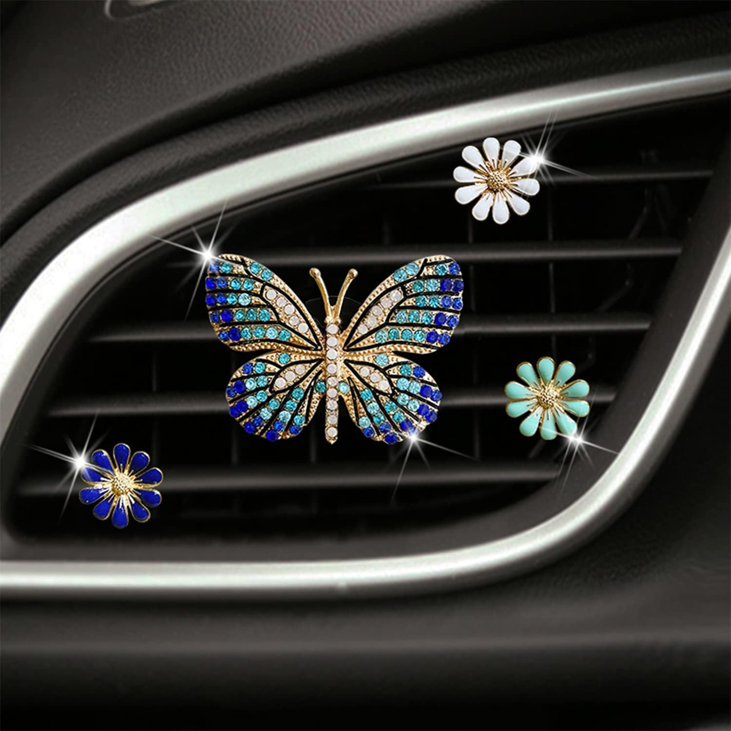 Bling Butterfly Car Clip Decor Interior，Cute Car Vent Clips Dashboard Decorations, Car Accessories Air Aromatherapy Vent Clip,Car Air Freshener Vent Clips, Rhinestone Car Accessories for Girls Womens Car Interior Decoration Cute Set (Blue Butterfly + 3 PCS Daisy Flower)