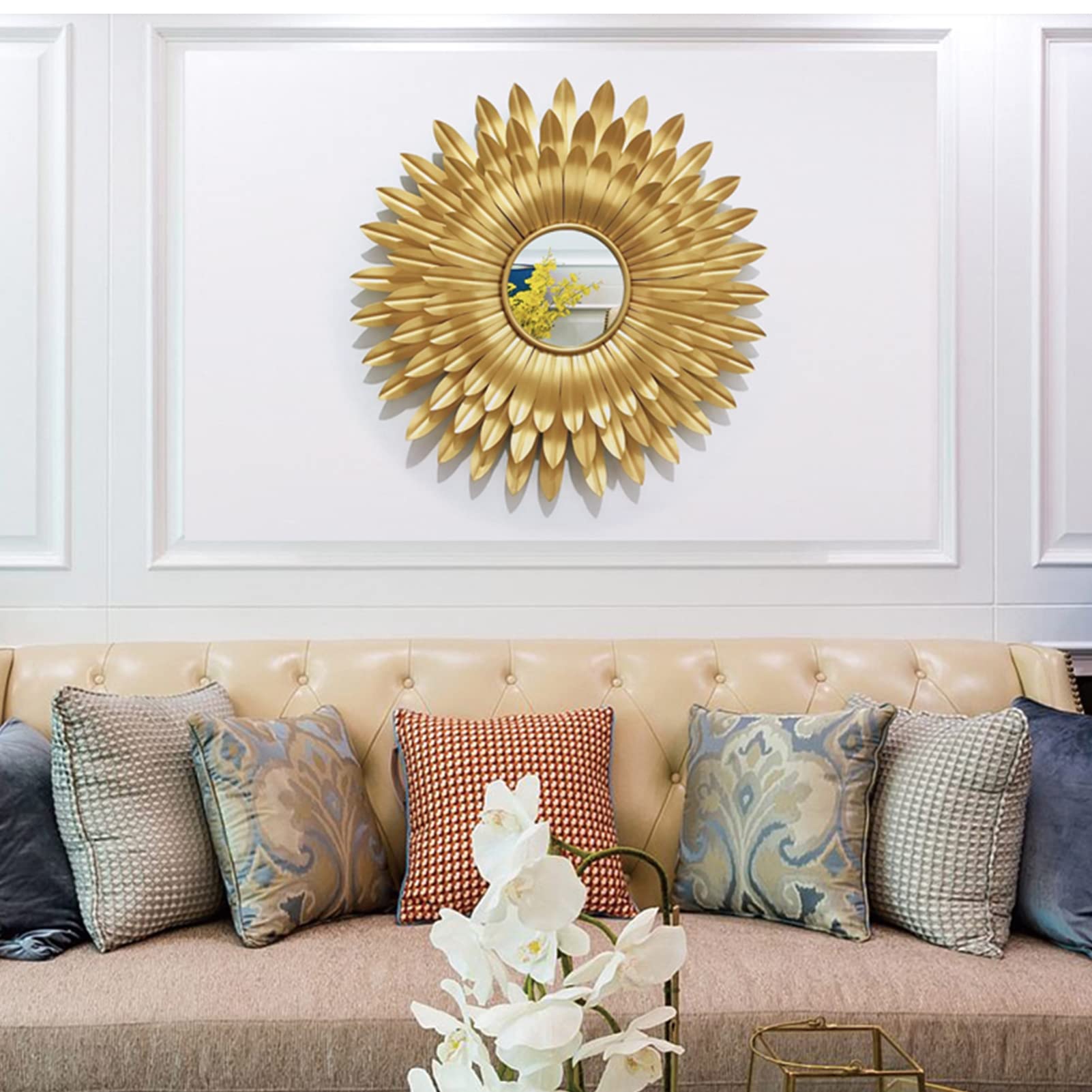 Gold Sunburst Wandspiegel, Metall Dekorative Wandspiegel, Wandspiegel zum Aufhängen für Wohnzimmer, Moderner Akzentspiegel Wanddekor für Schlafzimmer Kamin