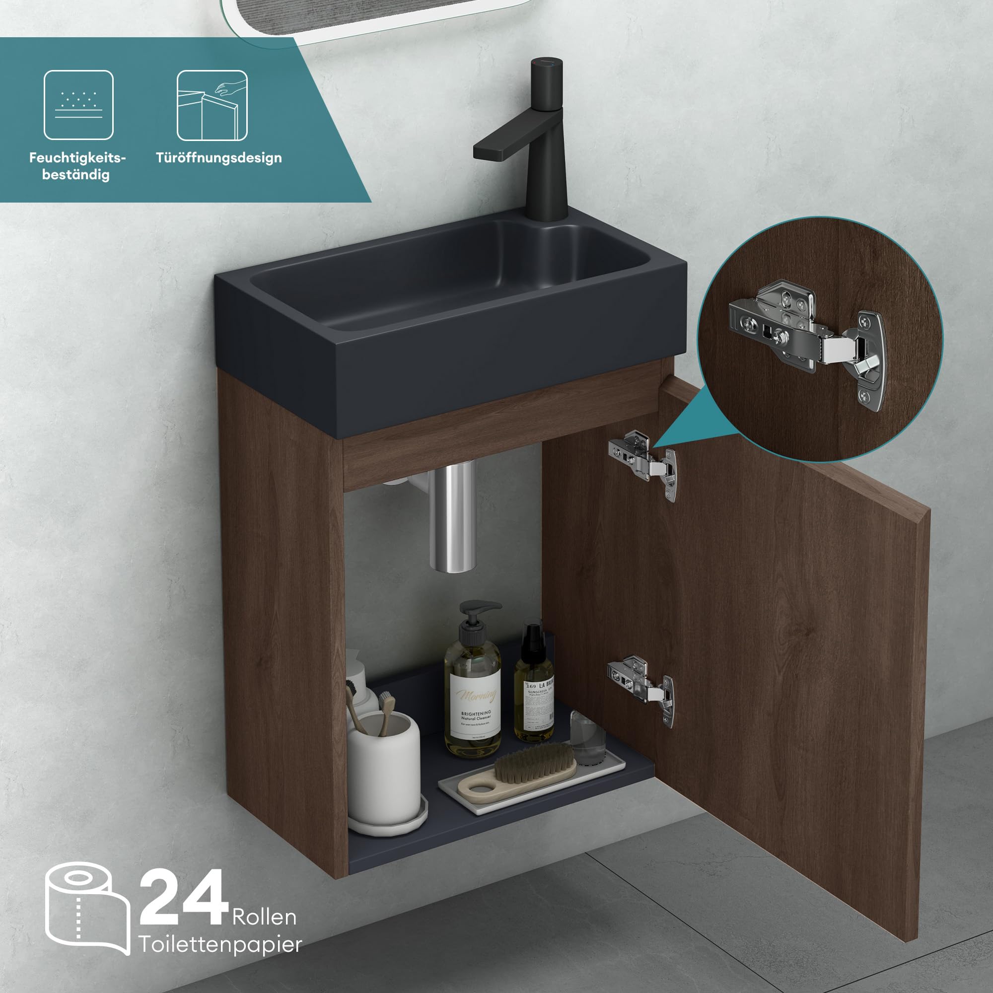 Mai & Mai Mueble de Baño con Lavabo 46x26x63 cm – Suspendido, Mármol Fundido Antracita Mate, Acabado Roble Stirling, con Espacio de Almacenaje
