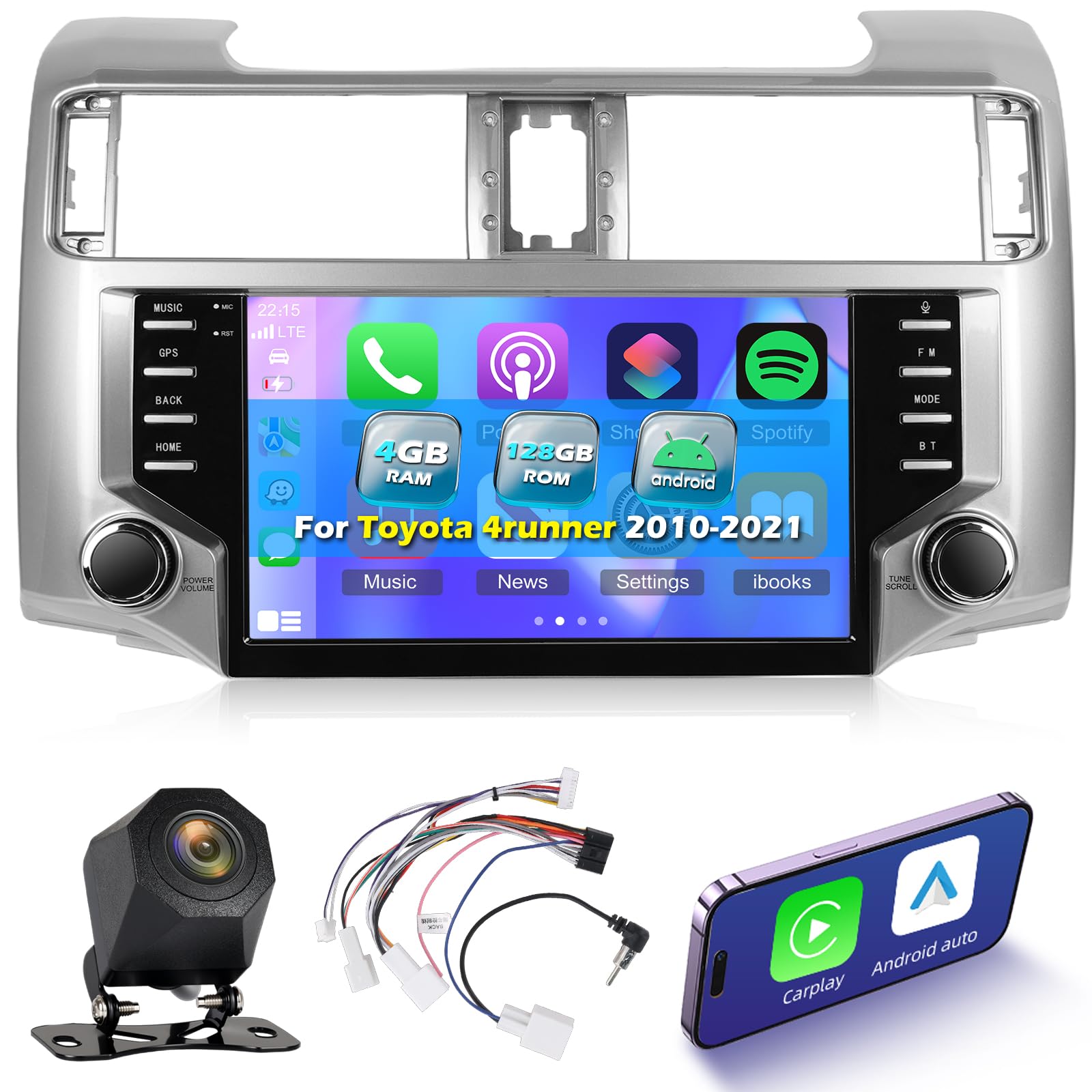 4+128G Android 15 Car Stereo for Toyota 4runner 2010-2021, 9 Inch IPS Touchscreen Radio with Wireless Carplay & Android Auto/EQ/5GHz WiFi/GPS/SWC + AHD Rear View Camera
