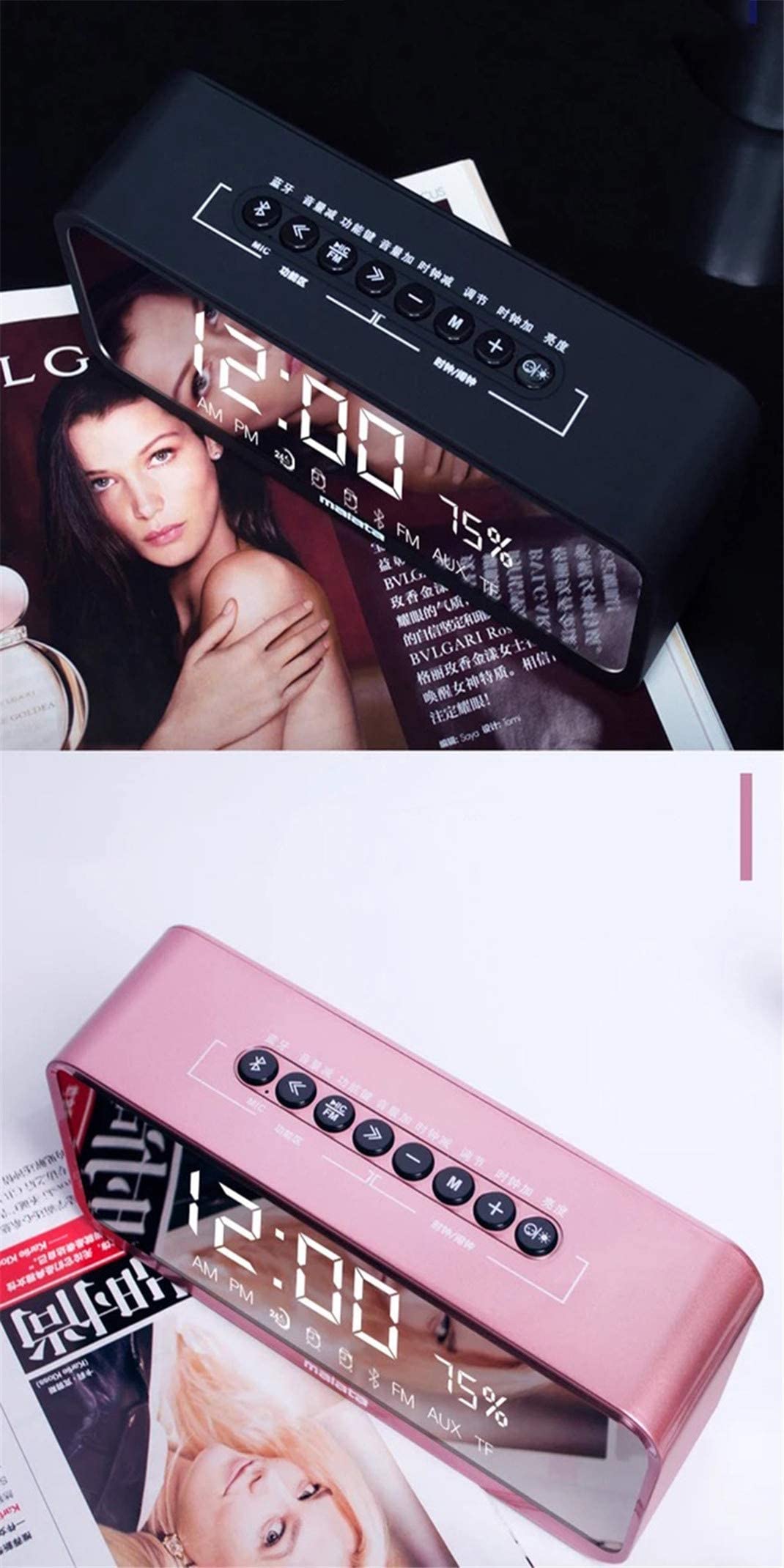 Mini Altavoz inalámbrico Bluetooth Reloj Despertador con Espejo Inteligente, Radio FM, Ajuste de Brillo, Reloj Despertador de Escritorio, repetición, Ajuste de Brillo, Rosa (Negro) (Negro)