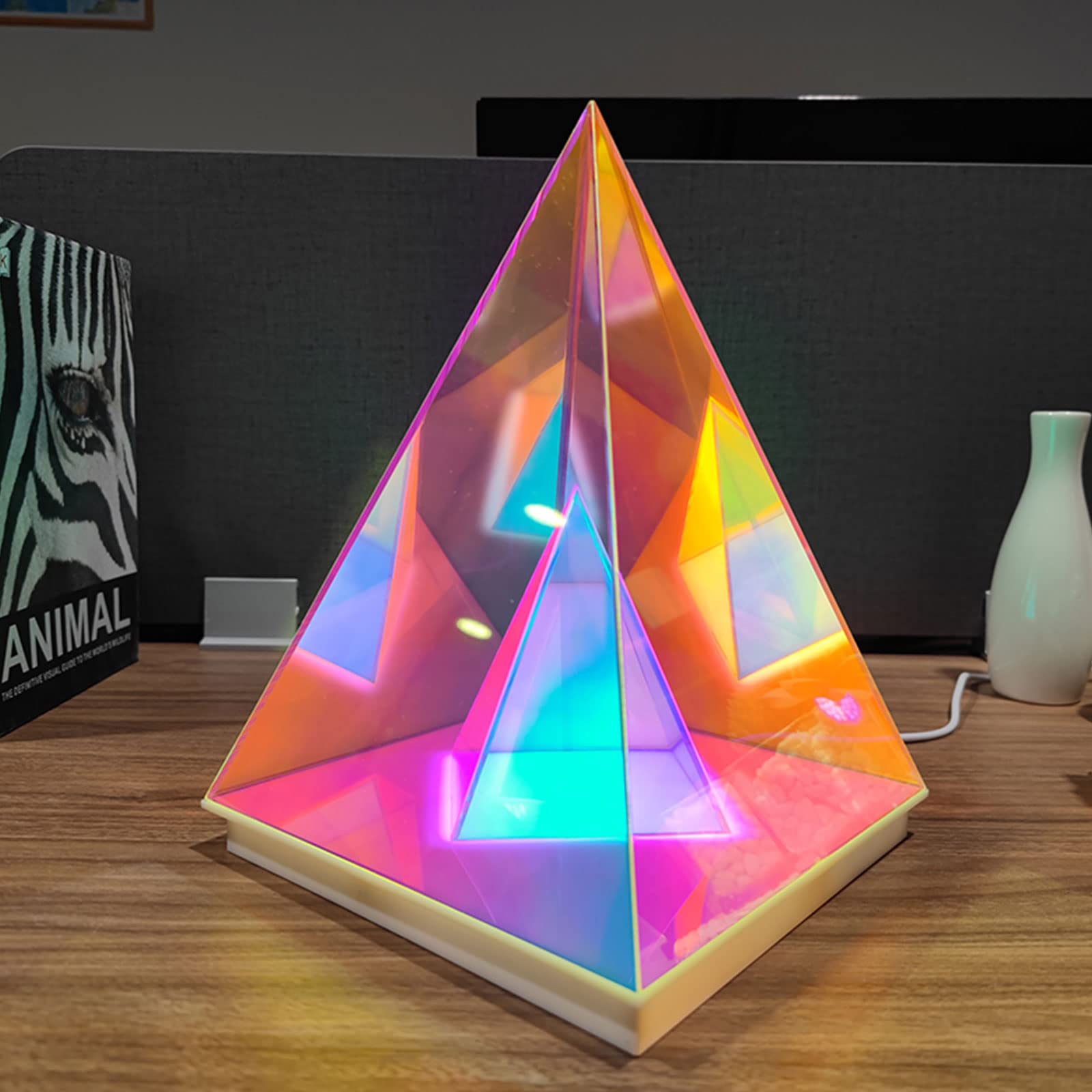 Pyramid Table Lamp, Modern LED Night Light Acrylic Crystal Table Lamp with USB Charging, Indoor Mood Lamp for Home Decor