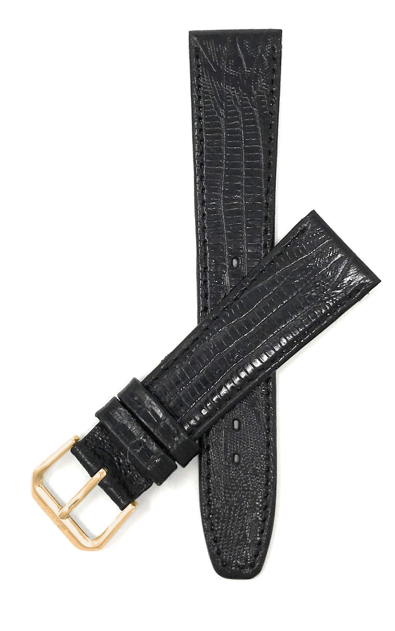 Bandini 20mm Italian Leather Watch Band Strap - Black - Lizard Pattern - Slim - Gold Buckle
