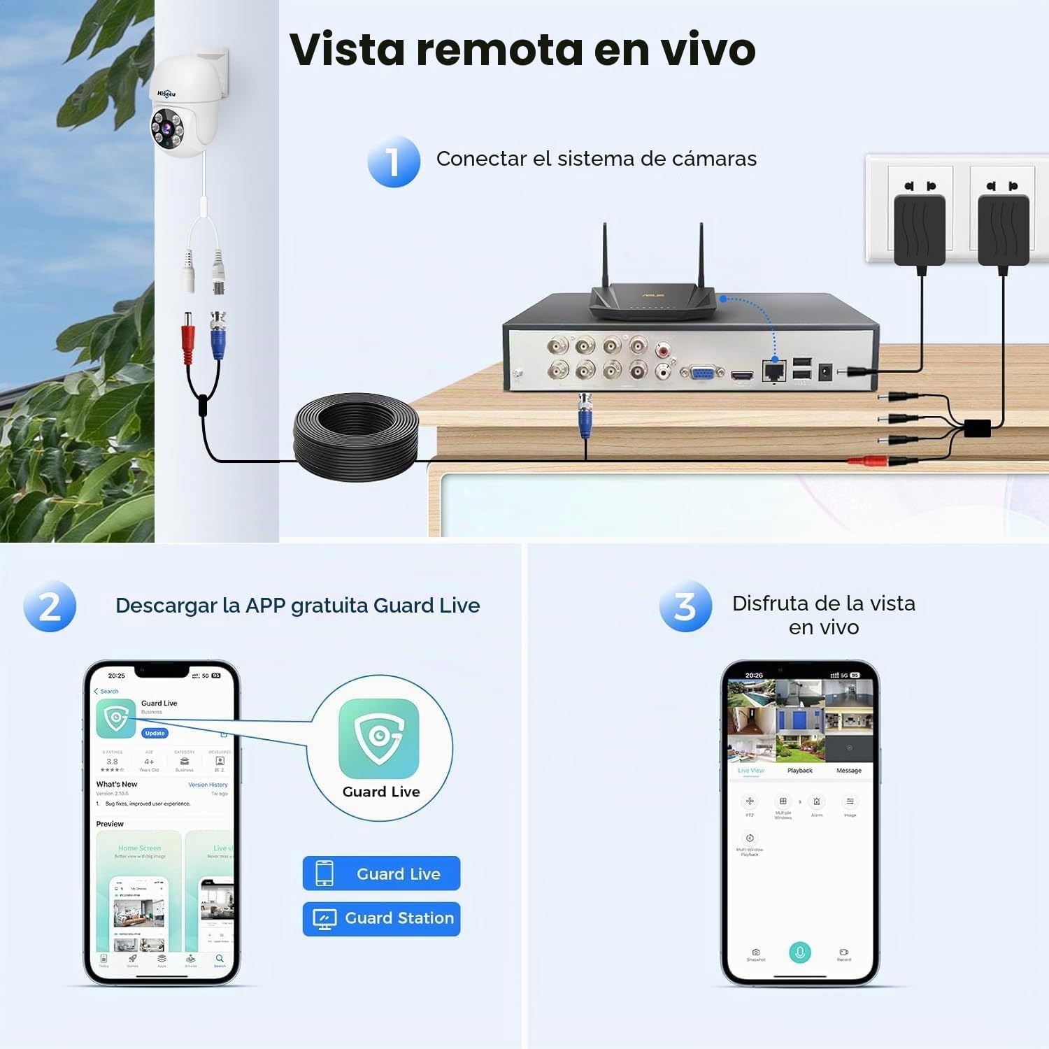 Hiseeu 5MP Kit Camara de Vigilancia WiFi Exterior, PTZ Cámara de Seguridad, 4X Camara IP y 10CH NVR,Detección y Seguimiento, Visión Nocturna en Color 1TB HDD