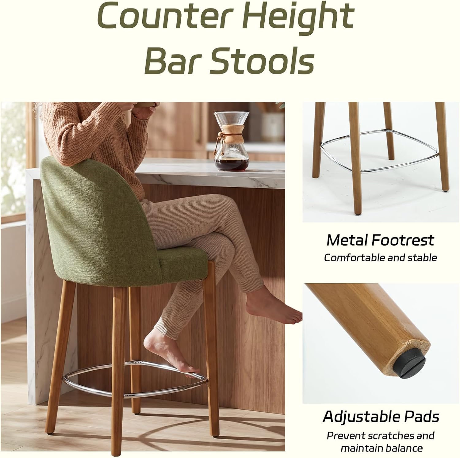 CIMOTA Bar Stools Set of 2 Linen Fabric Upholstered Counter Height Barstools, Modern Counter Stools with Wood Legs for Kitchen Island Dining Room Bar Chairs, Green