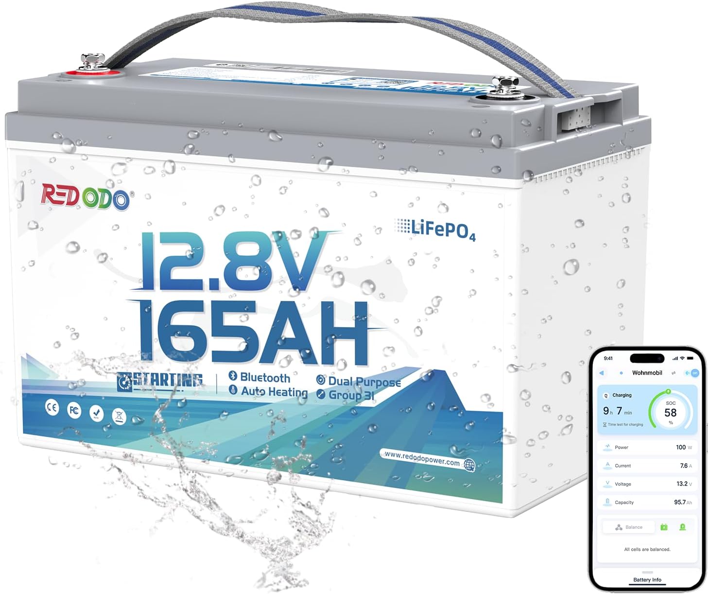 Redodo 12V 165Ah Dual Purpose Lithium Marine Starting(1200CCA) and Storage Battery, Group 31 LiFePO4 Cranking Battery