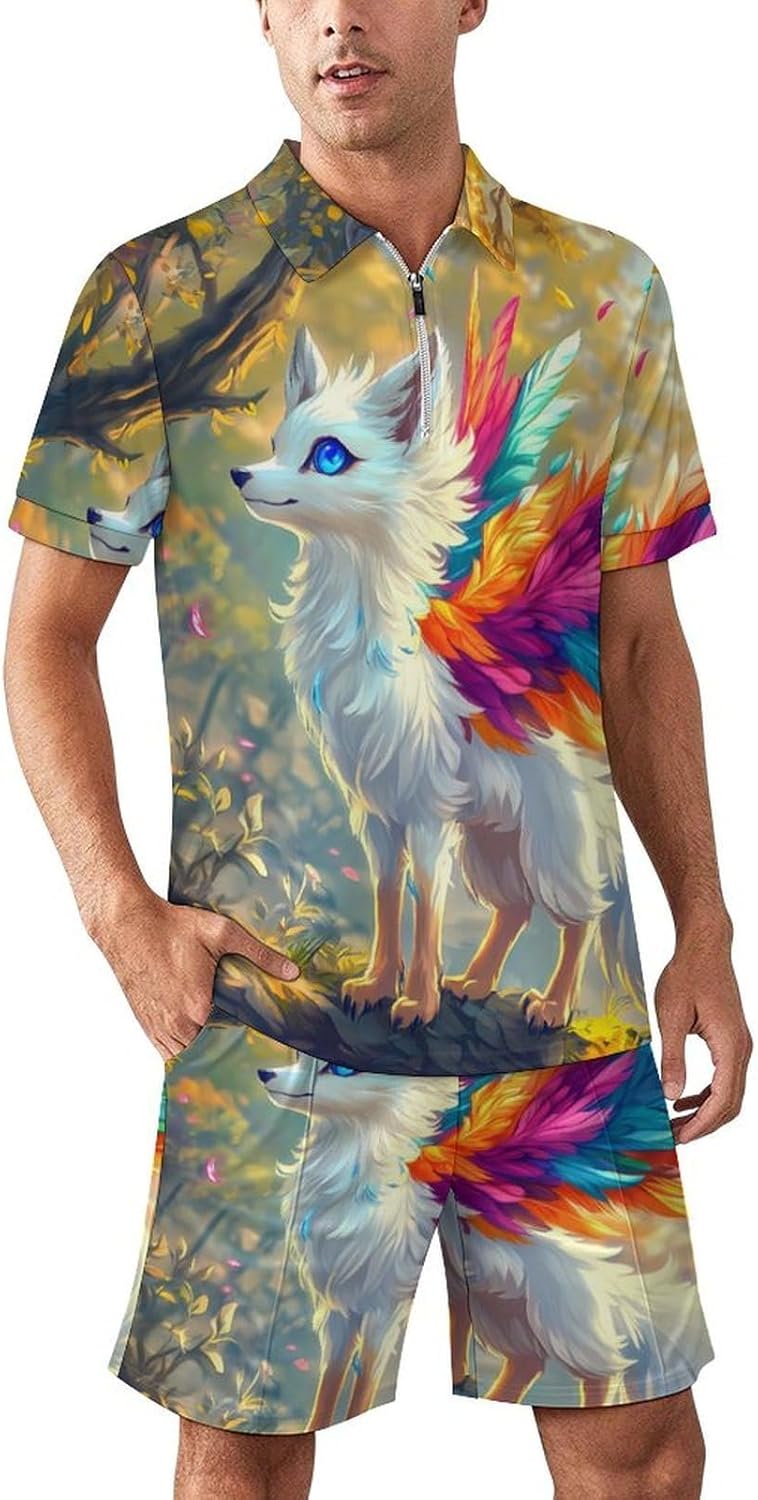 Colorful Fox Mens Polo Shirts Track Suits 2 Piece Short Sleeve Sweatsuit 1/4 Zip Golf Loungewear for Sports