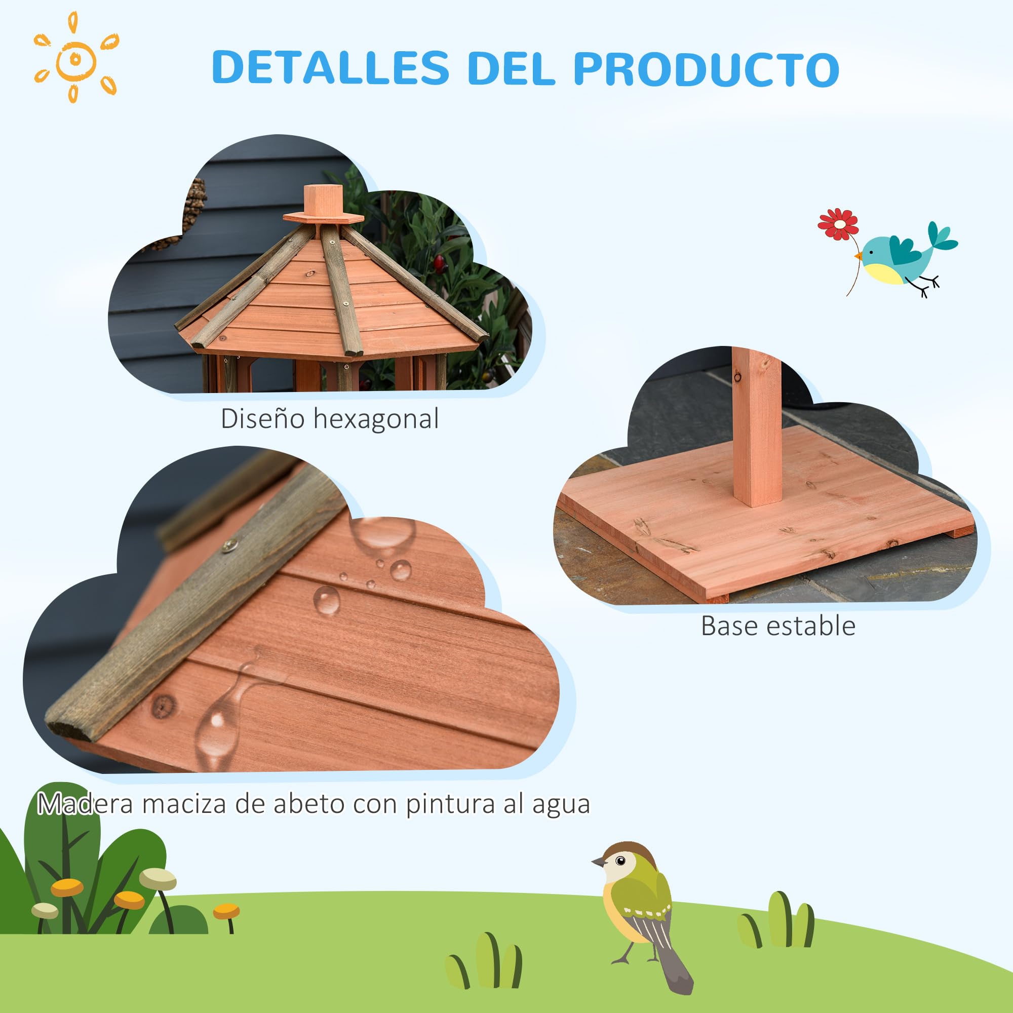 PawHut Comedero para Pájaros de Pie de Madera Maciza Ø52x130 cm con Techo Alimentador de Aves Silvestres Jardín Natural