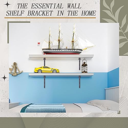 Miniatura 10 de Lounsweer Paquete de 8 soportes de estante de latón antiguo resistentes de 8 pulgadas para montaje en pared, soportes decorativos de metal flotante