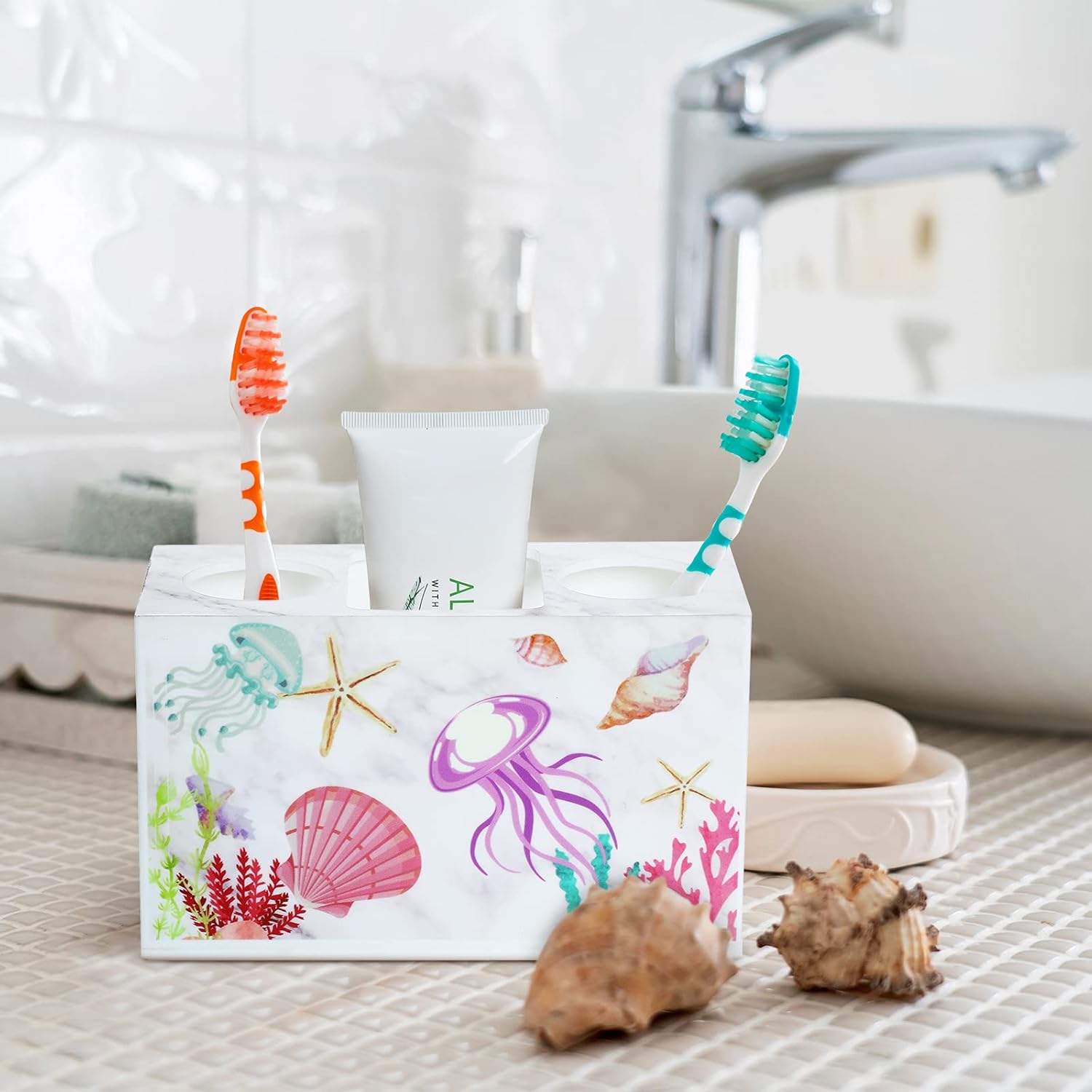 Beach Theme Bathroom Toothbrush Holder 3 Slots Hygienic