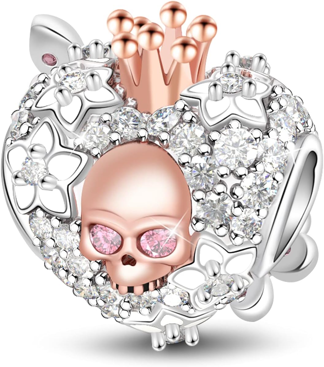 GNOCE Heart Skull Charm 925 Sterling Silver Rose Gold Plated Skull Queen & Butterfly Bead Charms Fits Bracelets Necklaces for Women