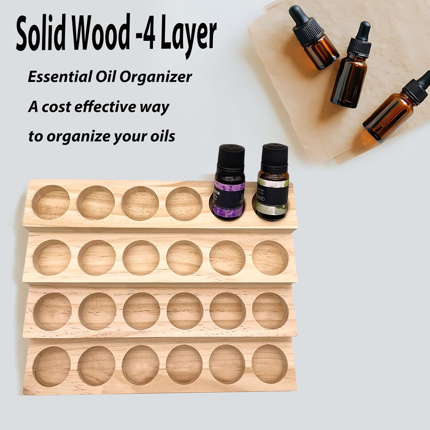 2 Pack Solid Wood Essential Oil Organizer 4 Layer Essential Oils Racks Tabletop Storage Rack Display Stand Holder for 5-20ml Bottles