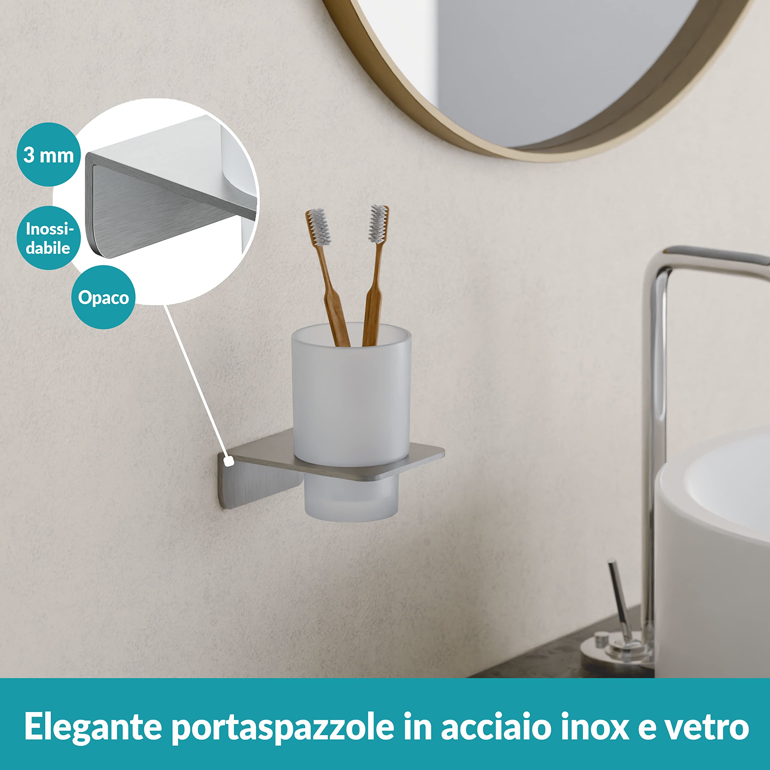 WEISSENSTEIN Portaspazzolini da bagno adesivo 3M - Acciaio inox - Bicchiere portaspazzolini in vetro smerigliato